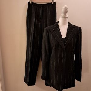 GV Firenze Blazer Jacket Pants Set Women's 44 8/10 Black Pinstripe Wool Formal